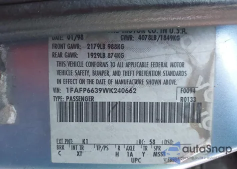 1998 Ford Contour Lx from USA, damaged, VIN 1FAFP6639WK240662